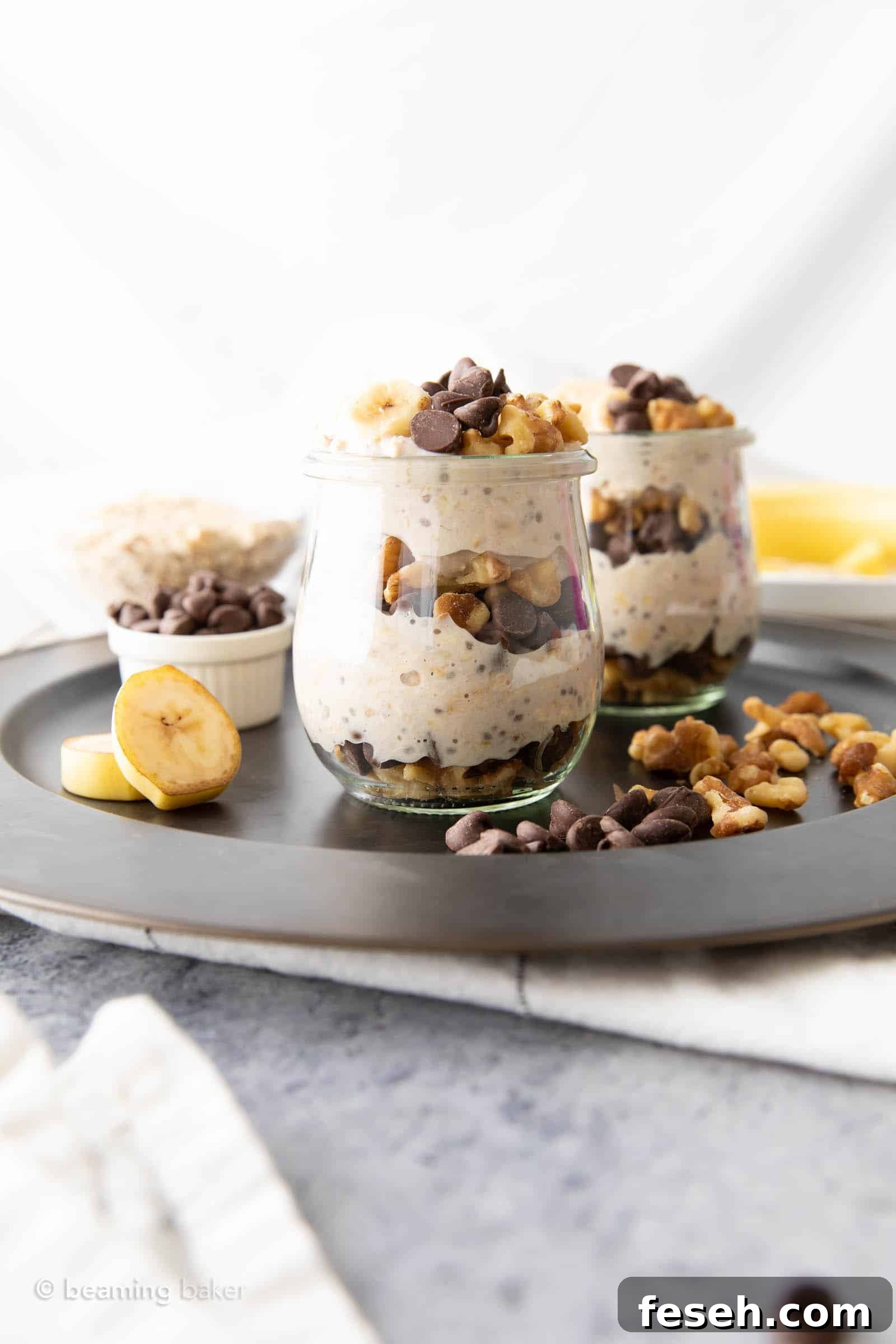 Chunky monkey overnight oats recipe against a white backdrop