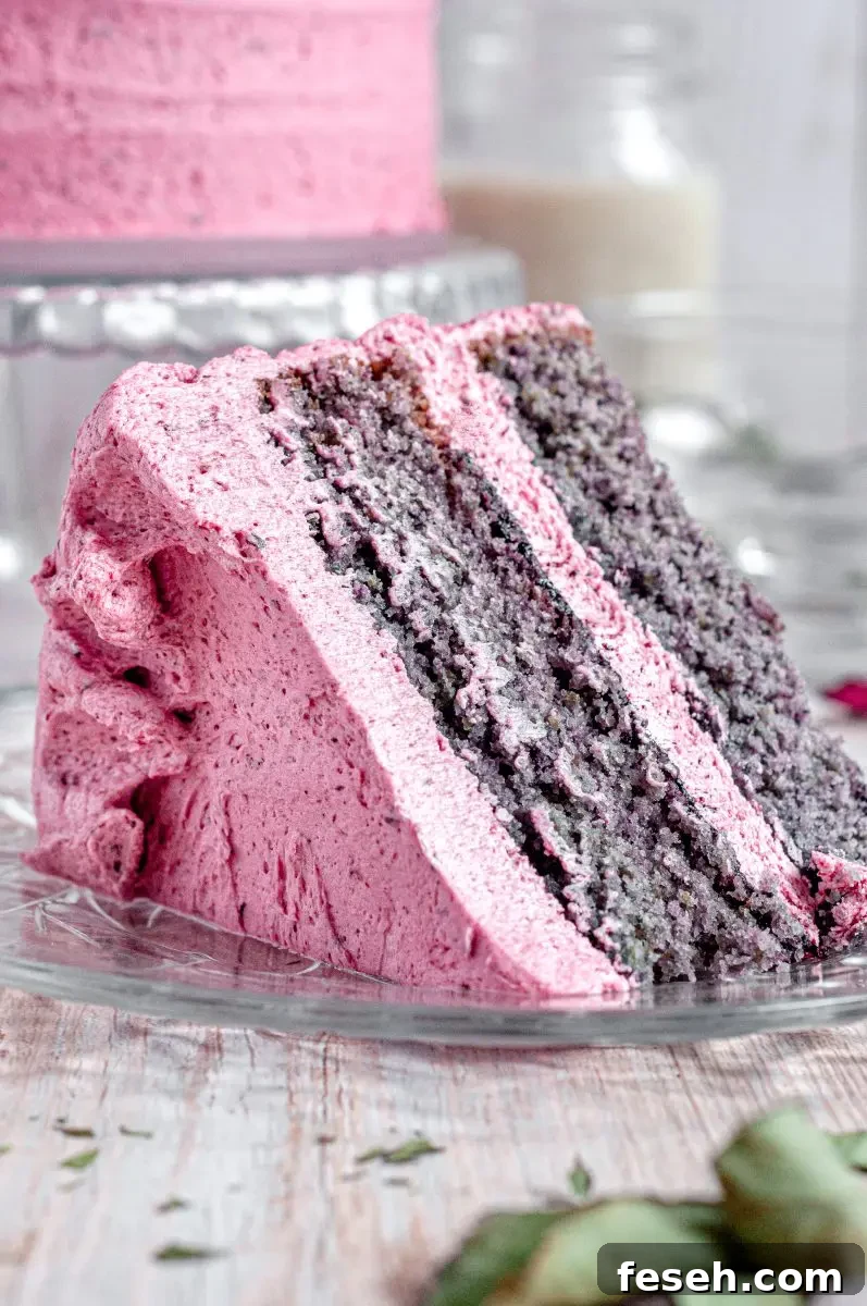 A slice of blueberry cake laying on a glass plate.