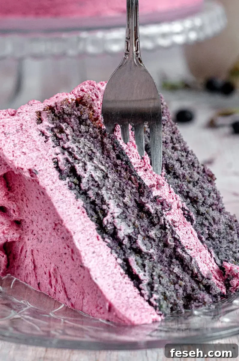 A slice of blueberry cake with a fork in the cake slice.