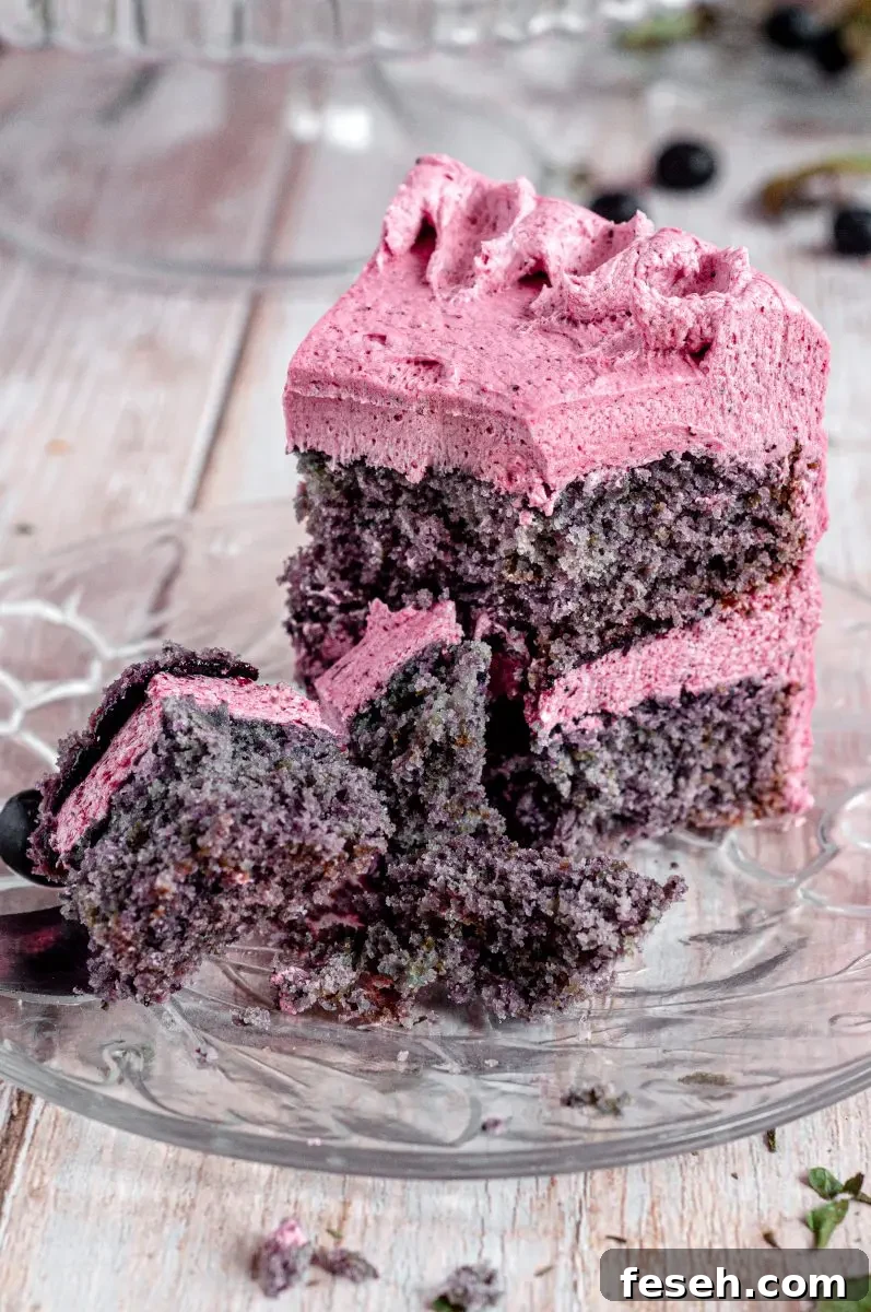 A slice of blueberry cake laying on a glass plate.