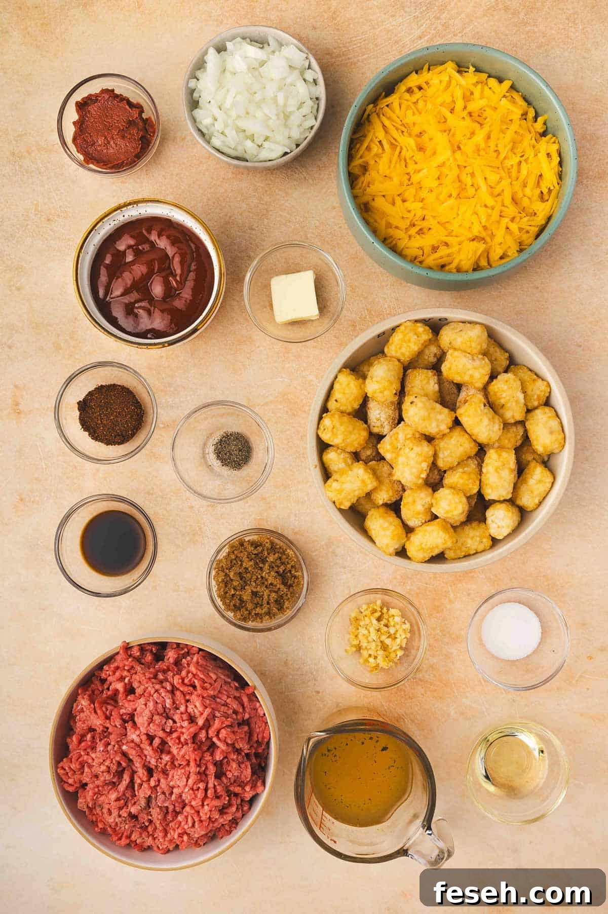 Ingredients needed to make a one pot sloppy joe tater tot casserole.