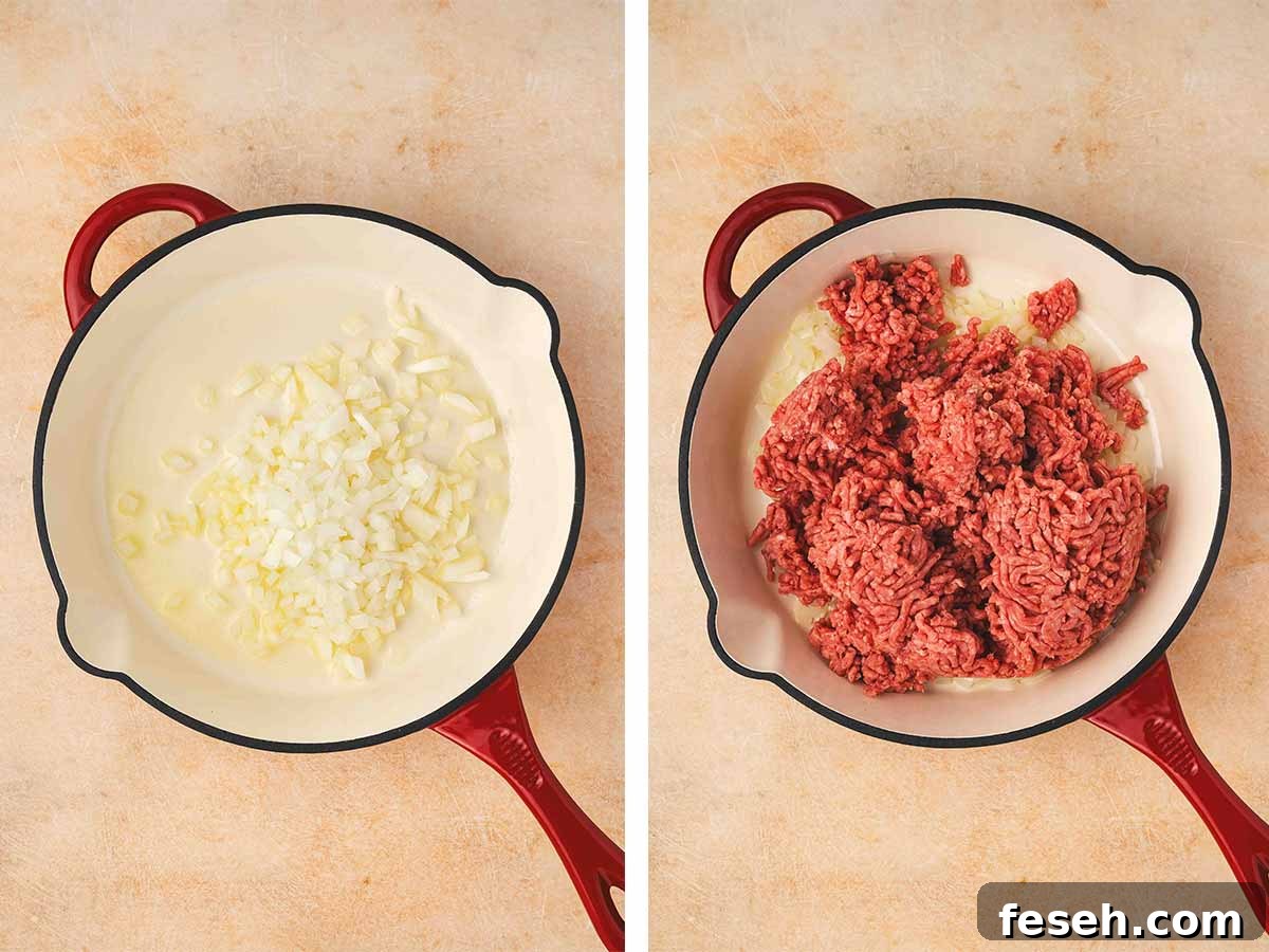 Set of two photos showing onions and garlic cooked in a skillet then ground beef added.