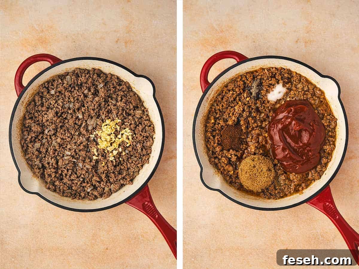 Set of two photos showing seasoning added to the cooked ground beef in a skillet.