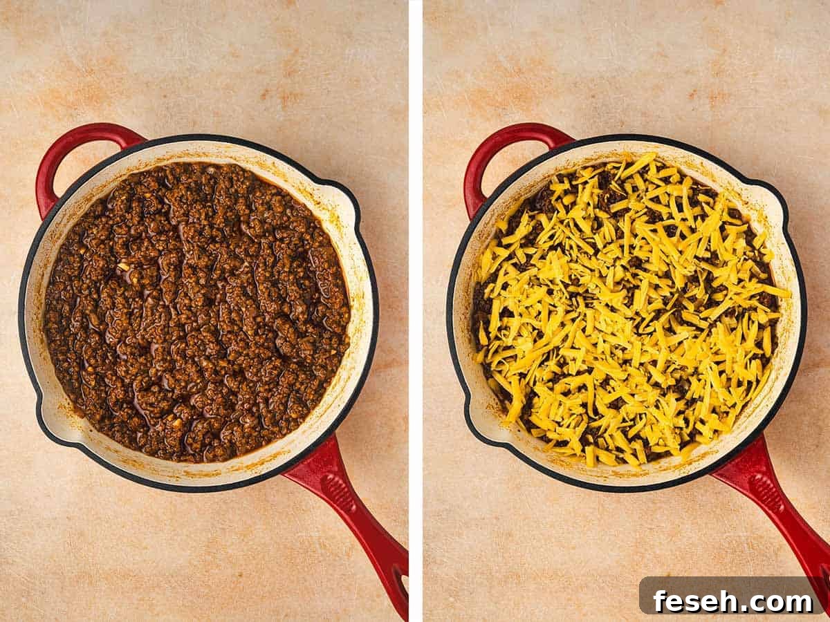 Set of two photos showing cooked sloppy joes in a skillet and shredded cheese added on top.