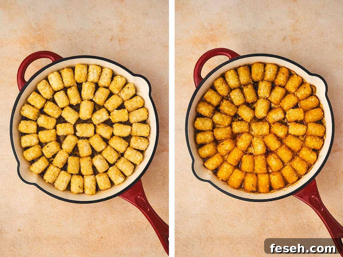 Set of two photos showing tater tots added to the skillet and baked.