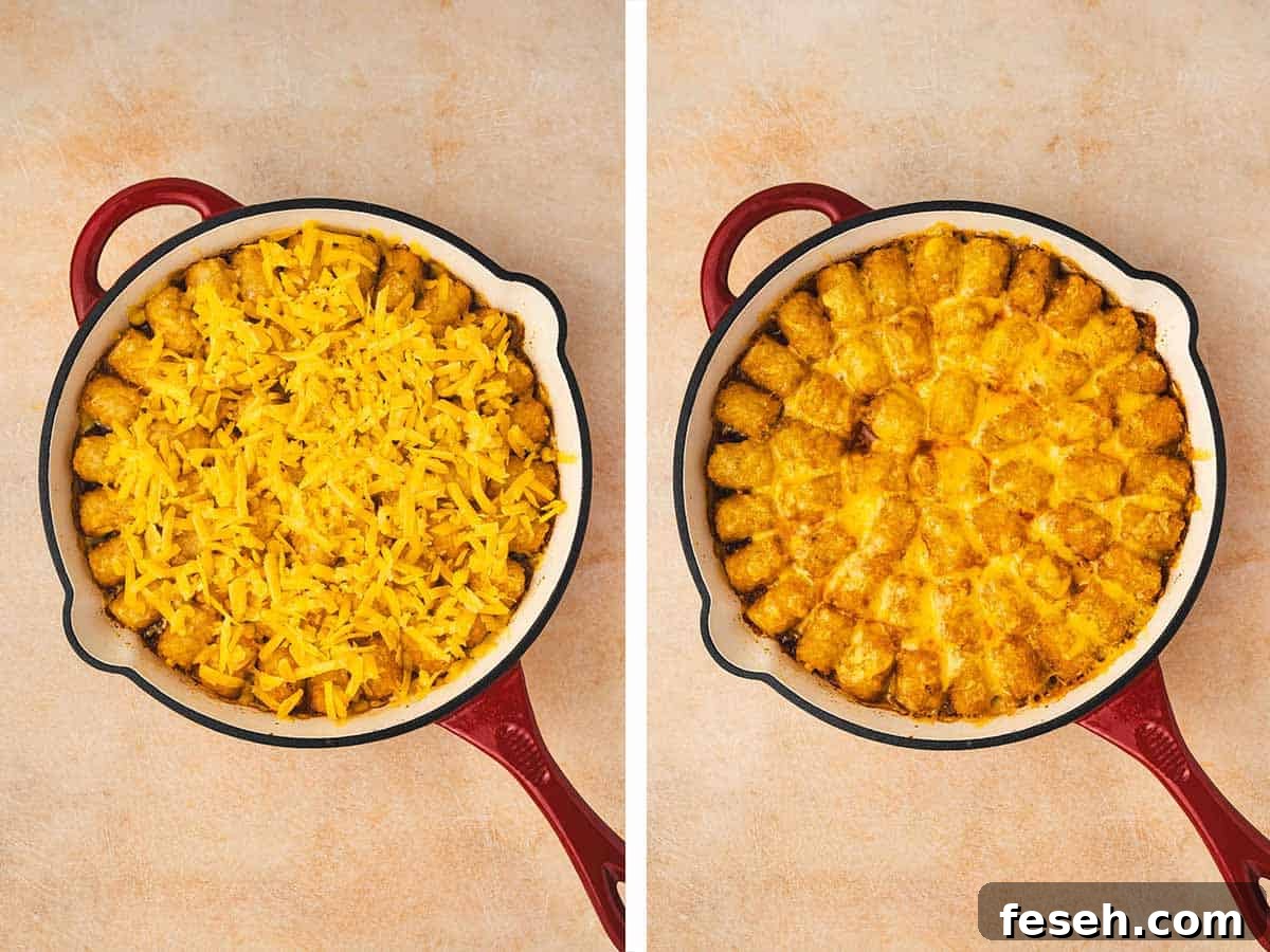 Set of two photos showing cheese added to the baked layer of tater tots and baked again.