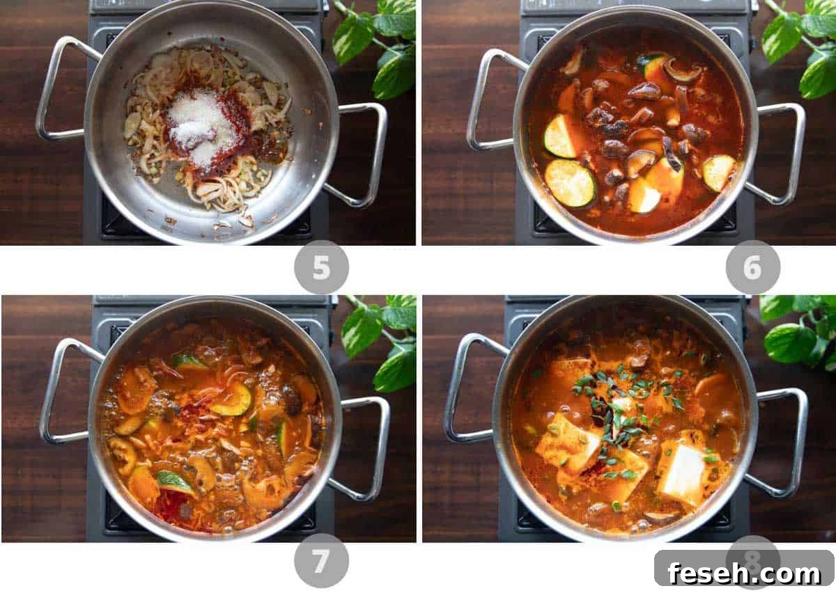 Soondubu Jjigae: Spicy Korean Soft Tofu Stew Recipe 5 Step by step picture collage showing how to make Korean stew
