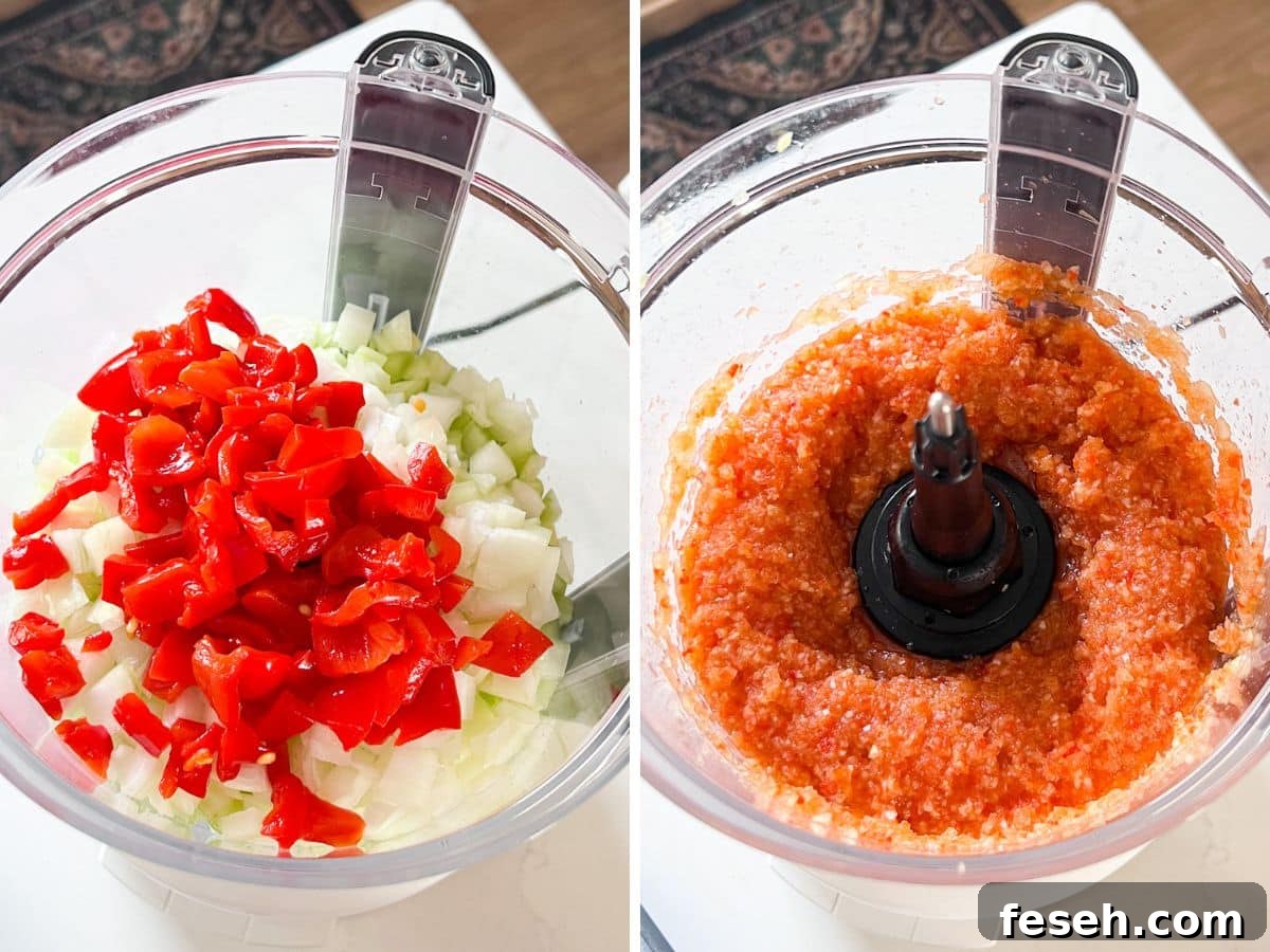 Chopped celery, onion and pimentos in a food processor and then all of those very finely chopped in the food processor.
