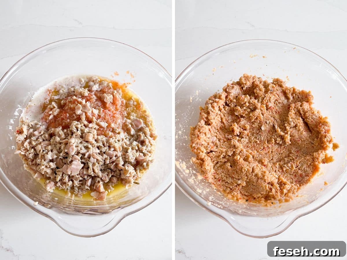Filling ingredients in a glass bowl and then the ingredients well combined in the bowl.