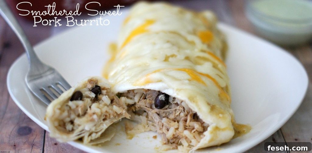 A plate with a smothered sweet pork burrito and a bite on a fork