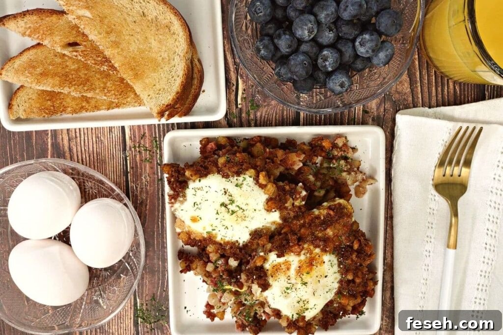 overhead view of air fryer corned beef hash with eggs on a square plate with toast and fresh fruit