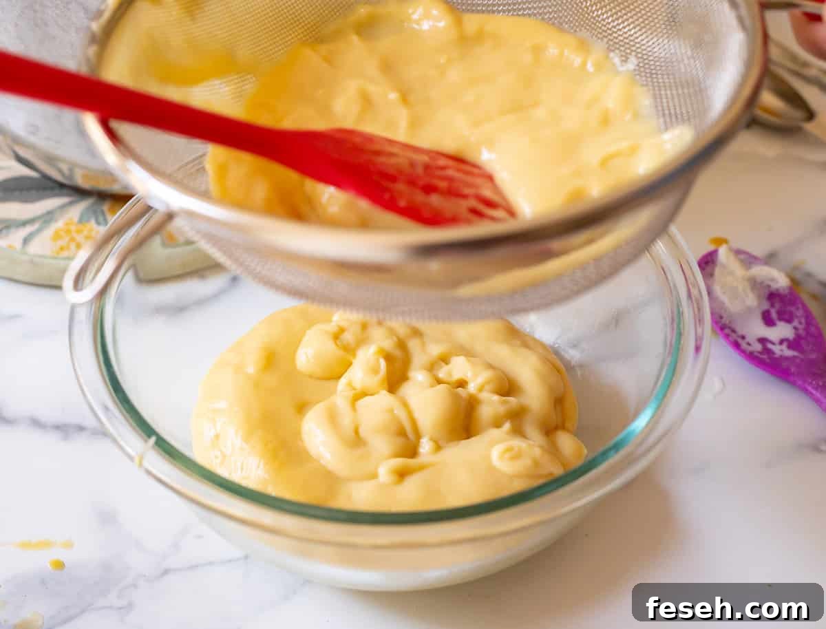 pushing finished pastry cream through a sieve into a glass bowl to make it extra creamy.