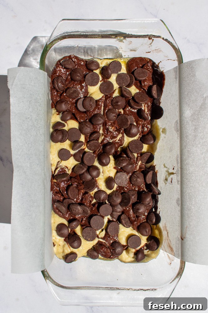 marble banana bread before baking