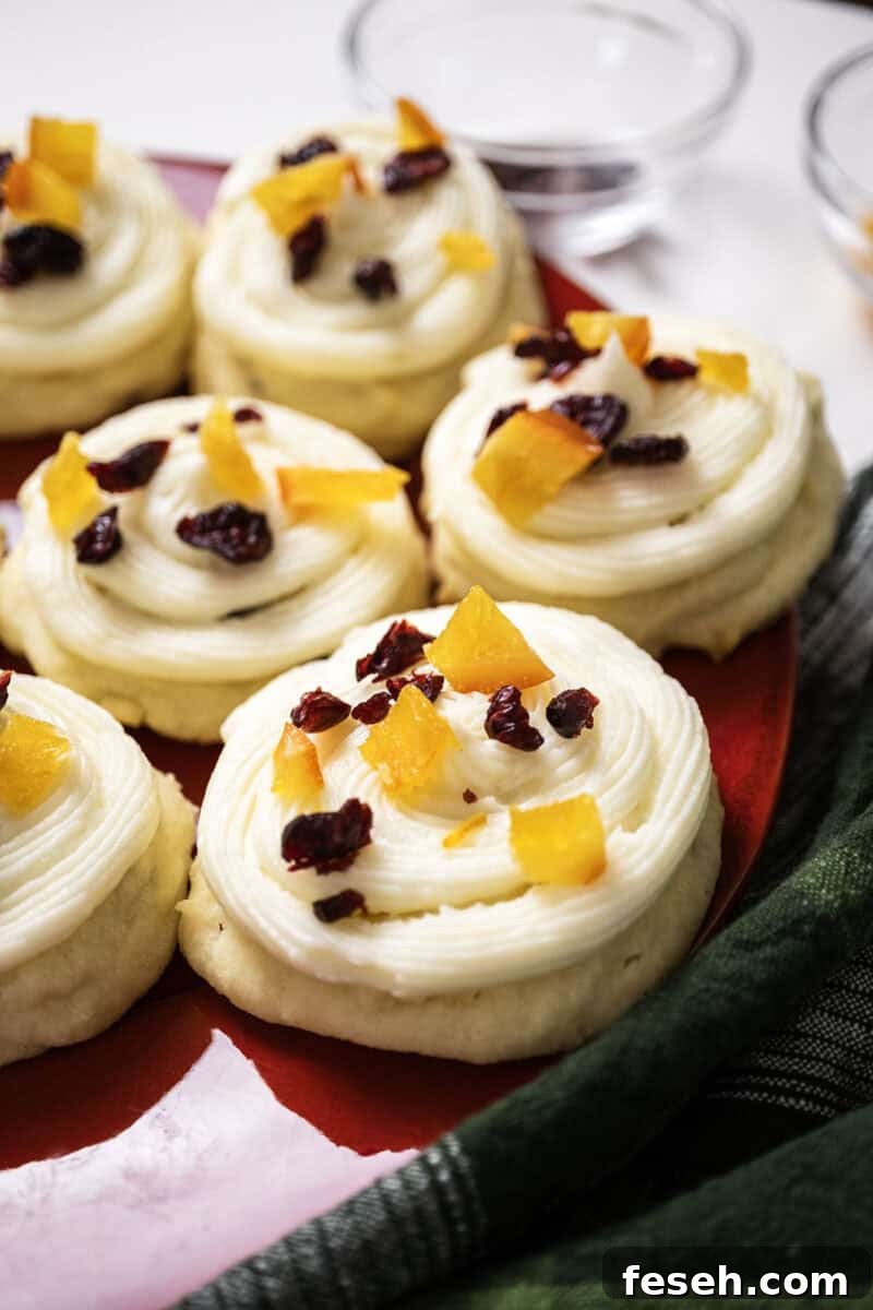 Cranberry and orange shortbread cookies topped with frosting and garnished with dried cranberries and candied oranges. 
