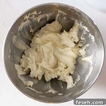 Combining all cookie ingredients in a standing mixer.