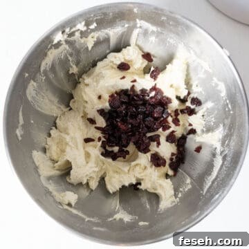 folding in dried cranberries into cookie dough.