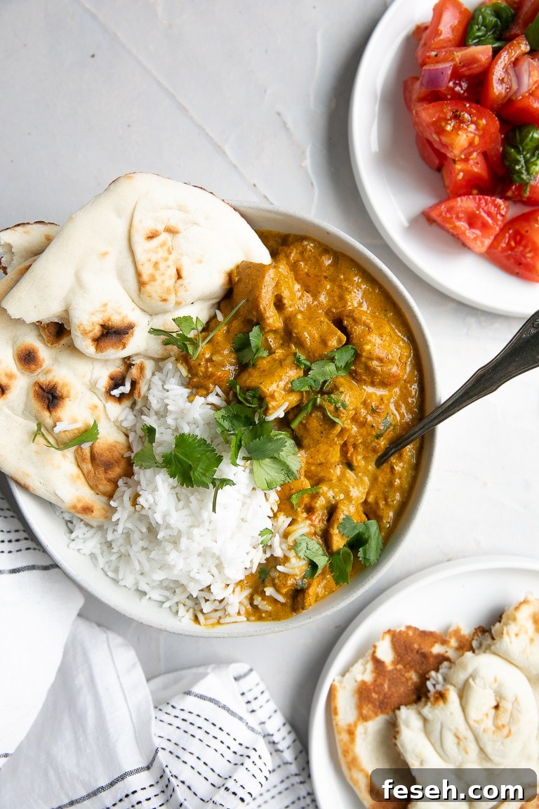 Overhead view of a bowl filled with butter chicken and rice with naan bread.