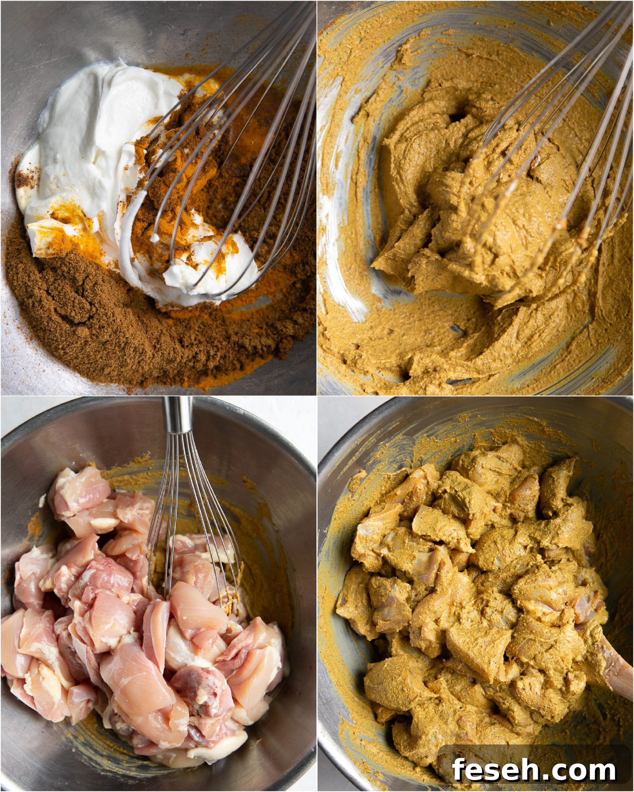 Collage of four images showing marinating steps for butter chicken.