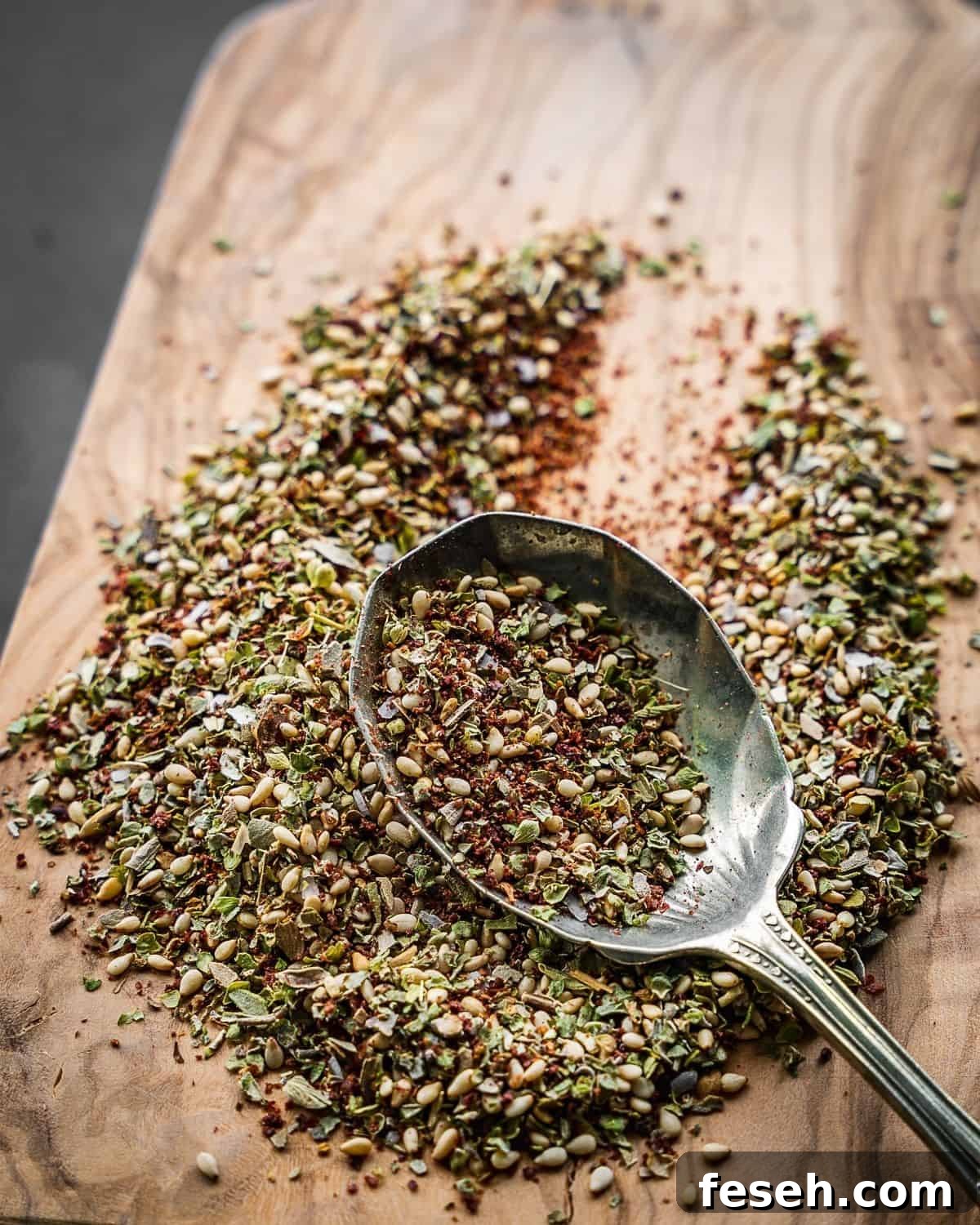 Za'atar spice blend on a board with an antique spoon.