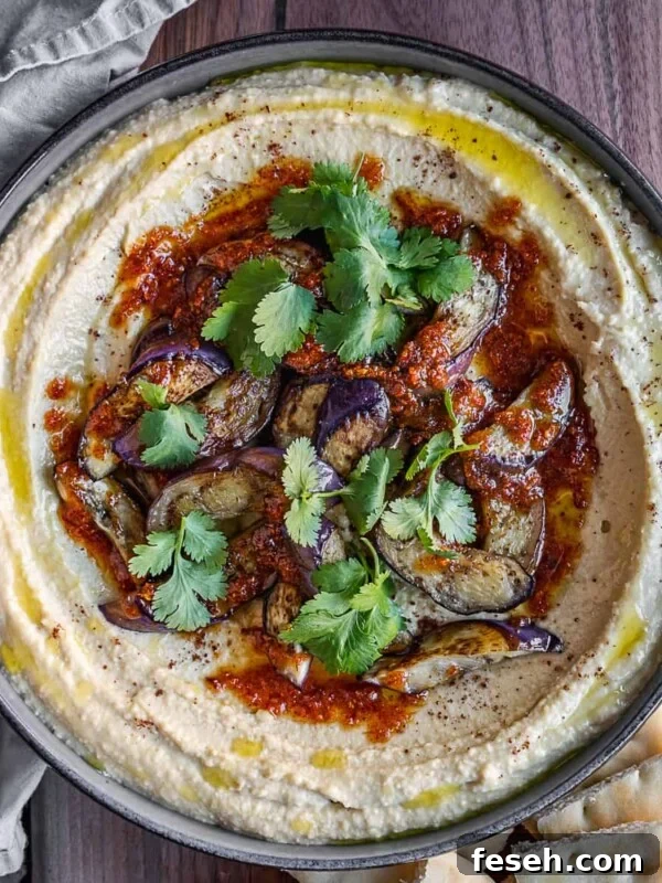 Caramelized eggplant hummus in a bowl with toppings.