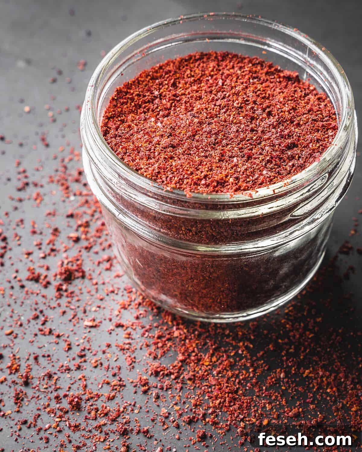 Sumac spice in an open mason jar.