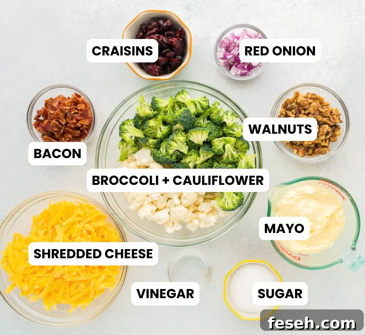 ingredients for cauliflower broccoli salad