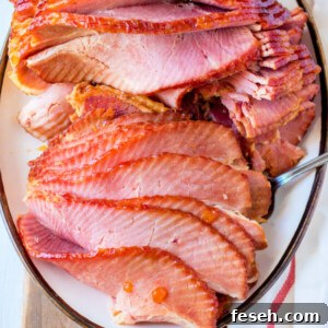 closeup of finished ham recipe with ham glaze