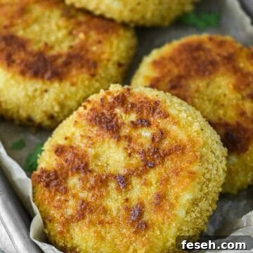 close-up of risotto cakes in parchment-lined metal tin