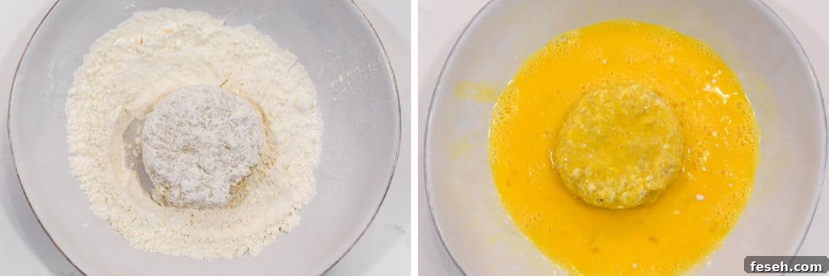 process shots of dredging the risotto discs in the flour and then egg mixture