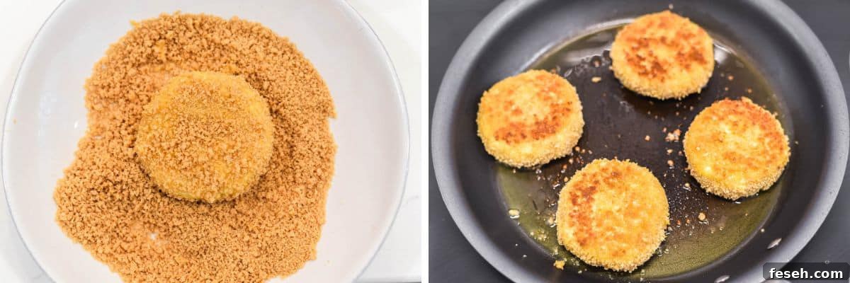 process shots of dredging risotto discs in breadcrumbs and then frying in skillet
