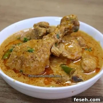 hyderabadi chicken korma served in a white bowl.