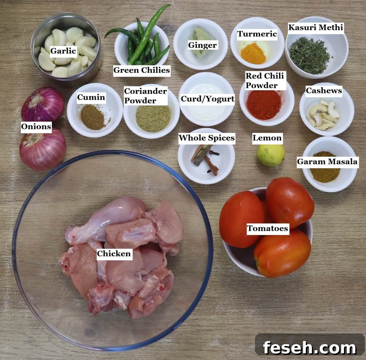 individually labelled ingredients to make chicken changezi