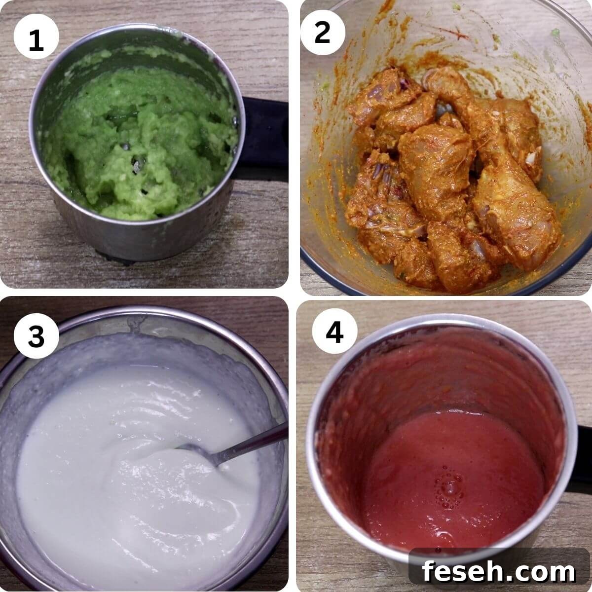 collage of 4 images showing preparations for chicken changezi. It shows making green chili-ginger-garlic paste, marinating chicken, whisking curd and making fresh tomato paste.