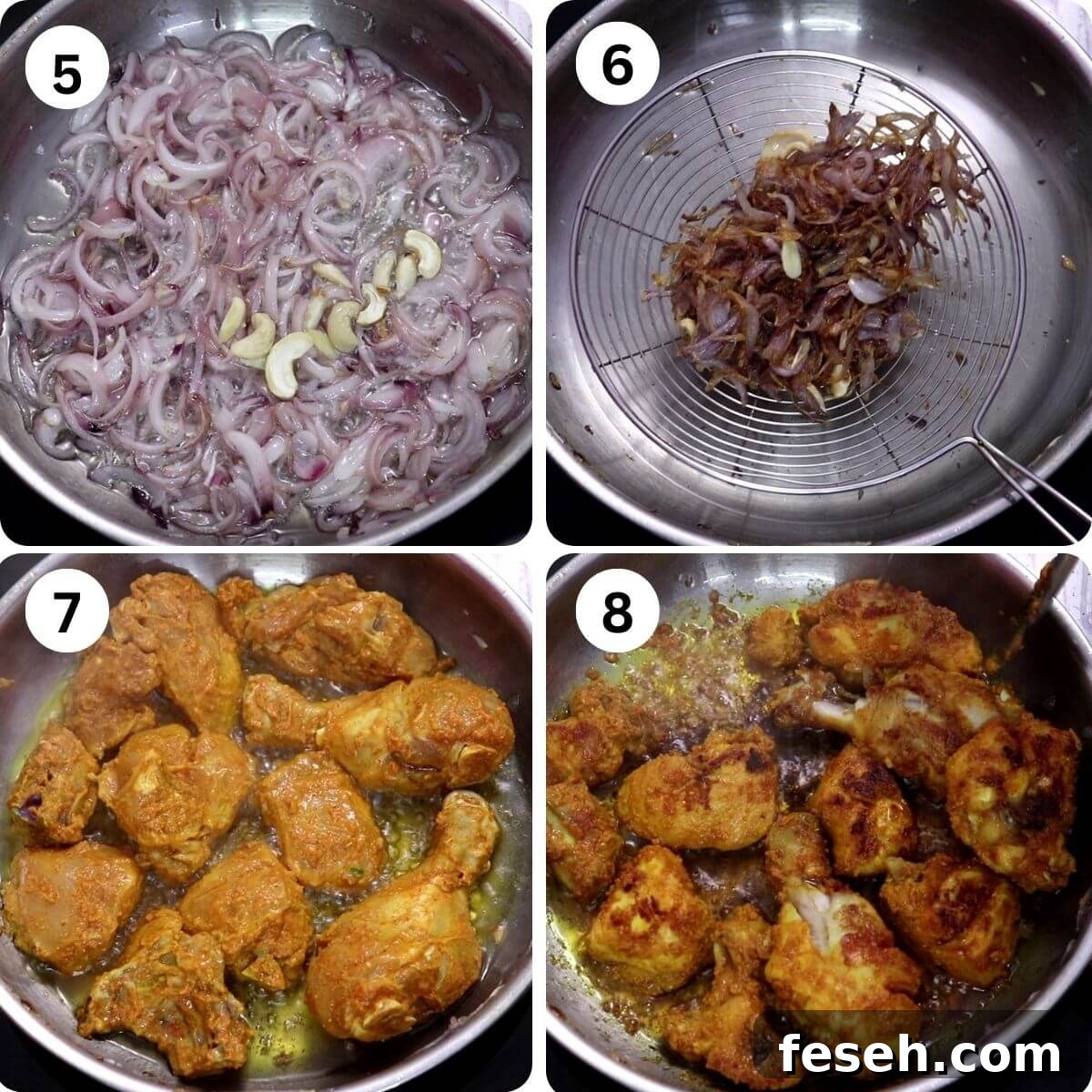 collage of 4 images showing how to make chicken changezi. It shows frying onions and cashews and pan-searing chicken.