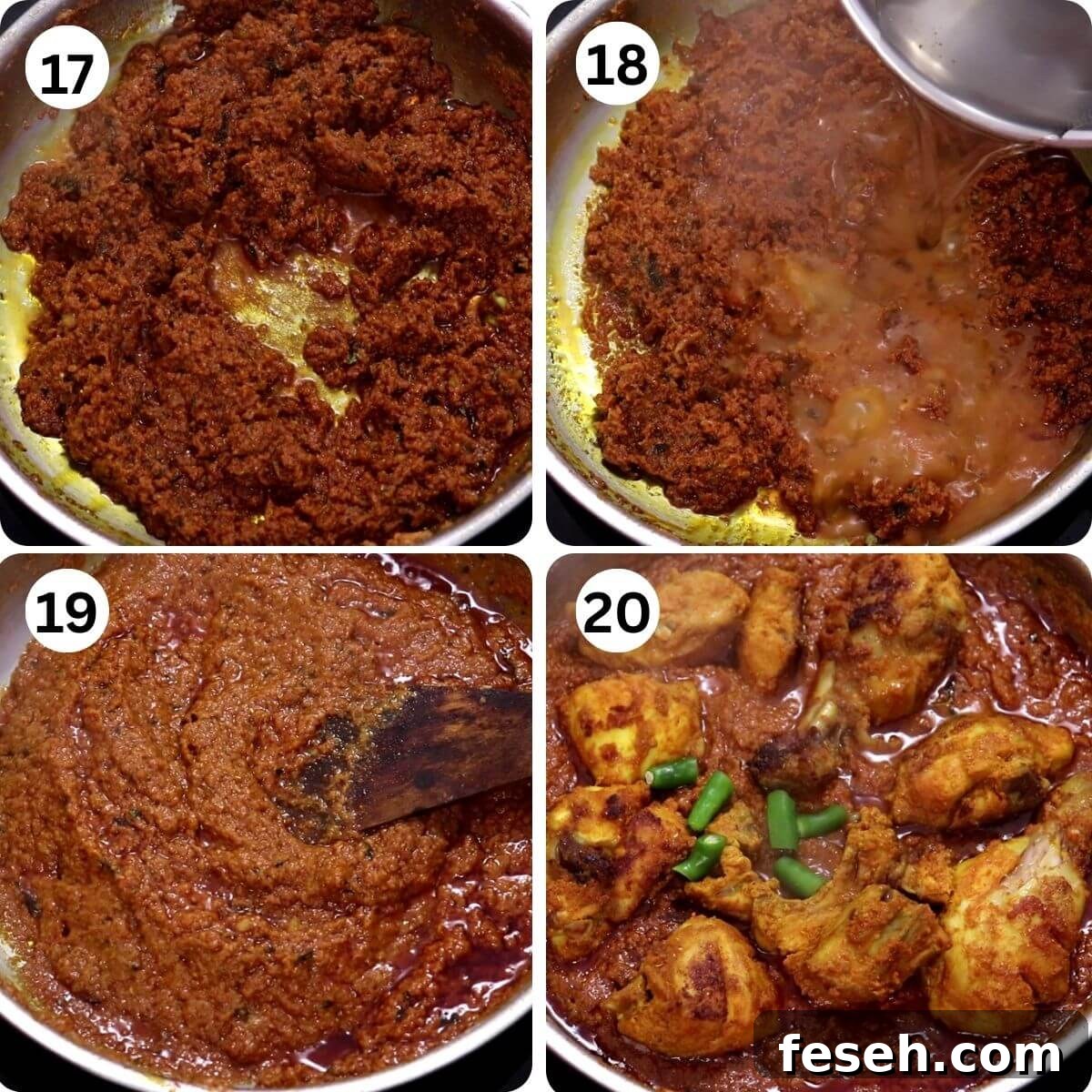 collage of 4 images showing addition of hot water and chicken to the chicken changezi recipe.