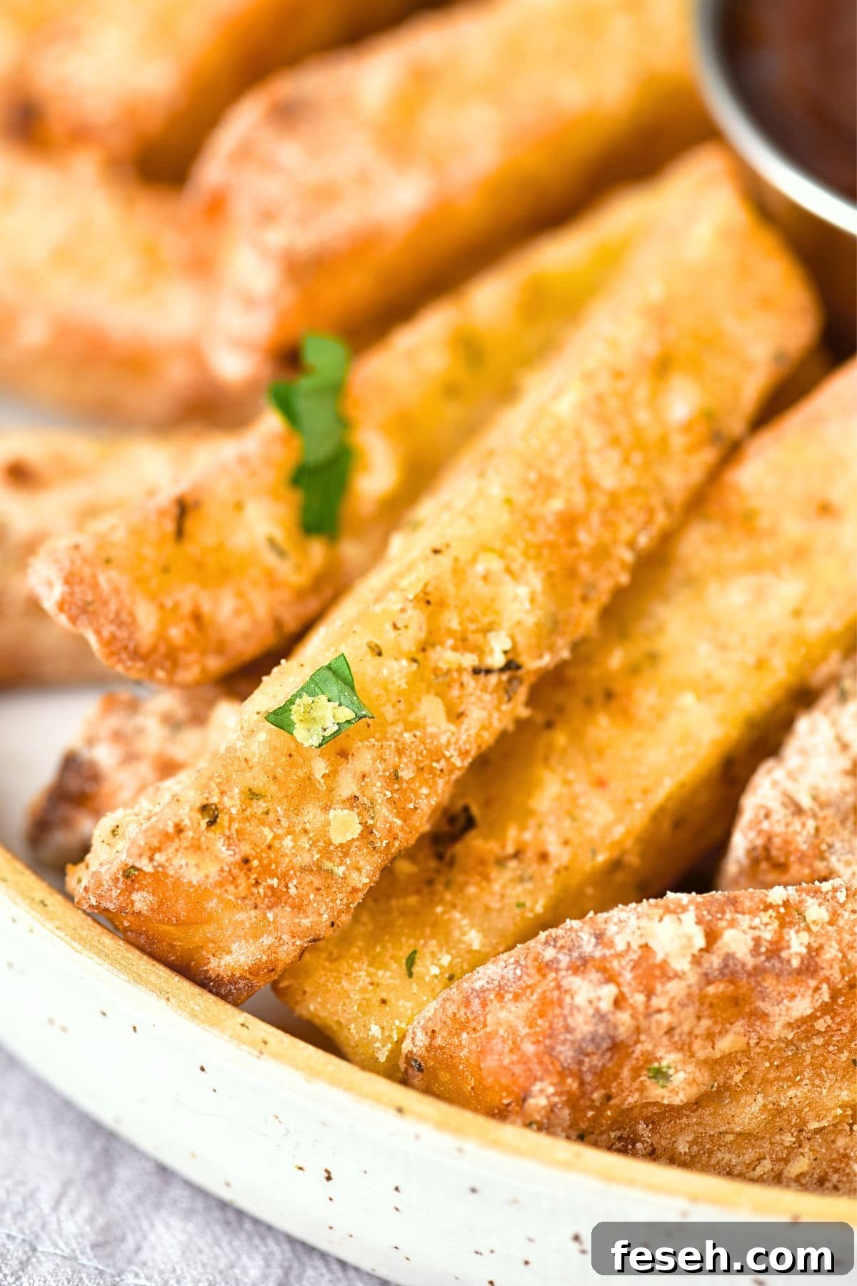 Up close view of texture of halloumi fries 