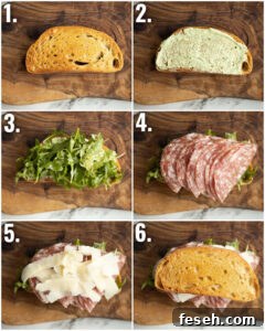 6 step by step photos showing how to make salami sandwich