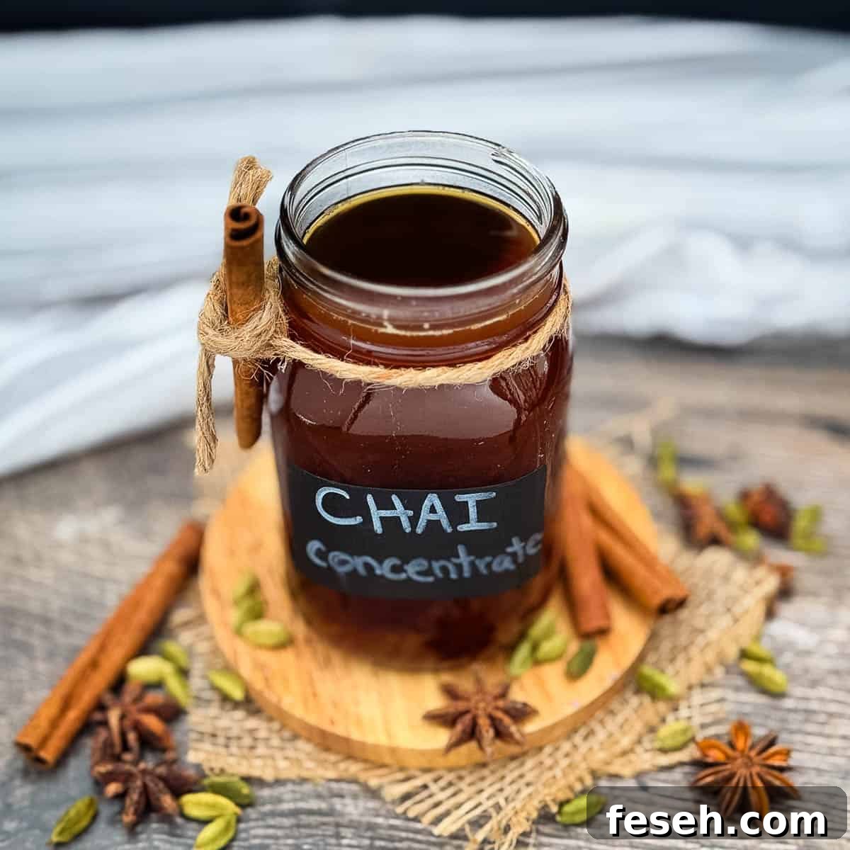 Homemade chai tea concentrate in a mason jar with cinnamon sticks, cardamom, and whole spices.
