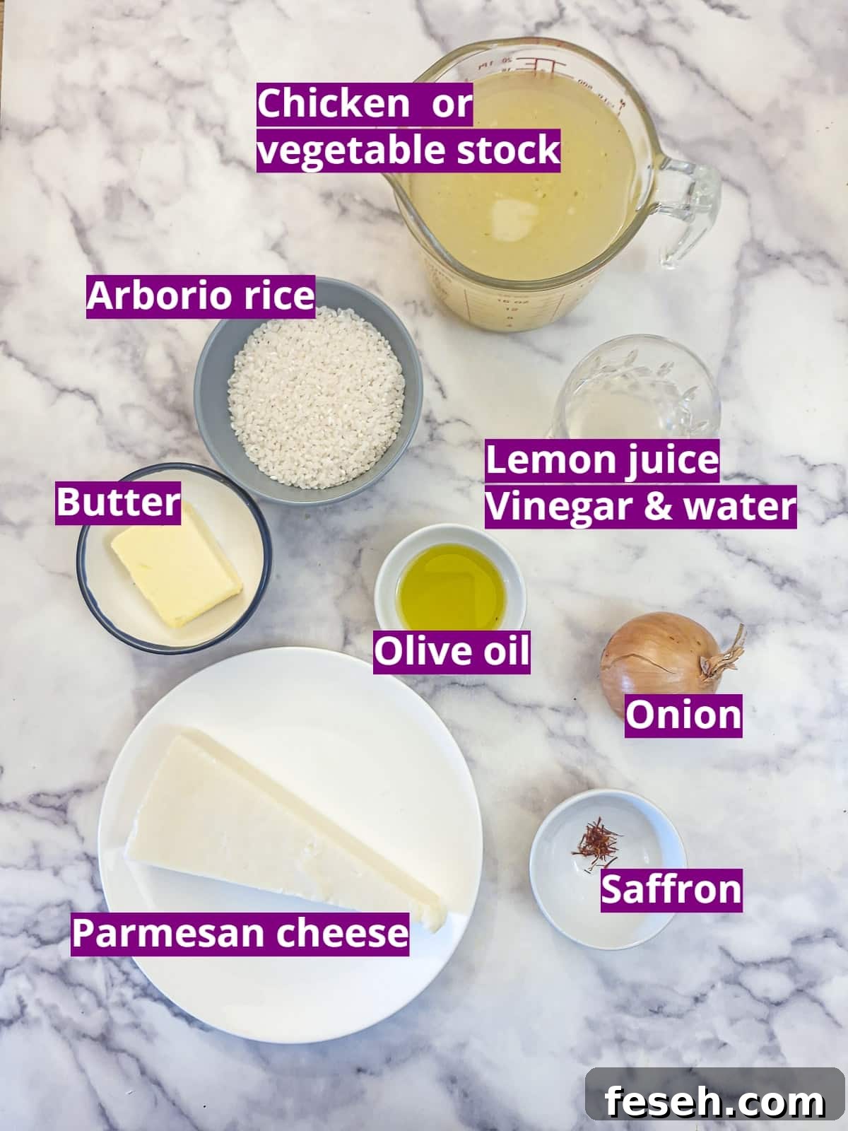Ingredients needed to make risotto alla Milanese.