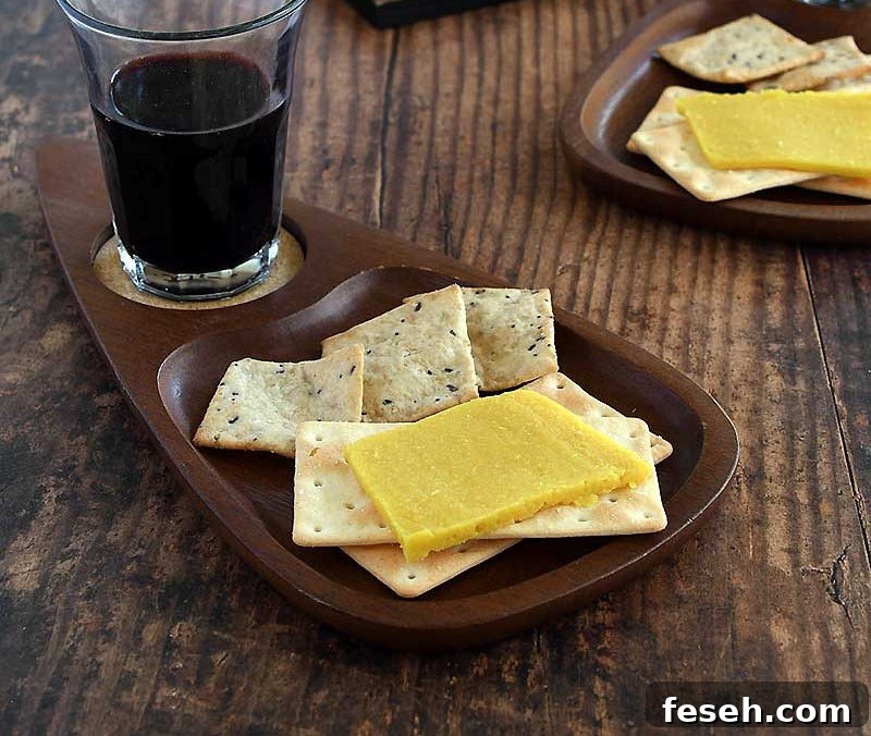 Vegan sliceable cheese with crackers, wine, on a party tray.