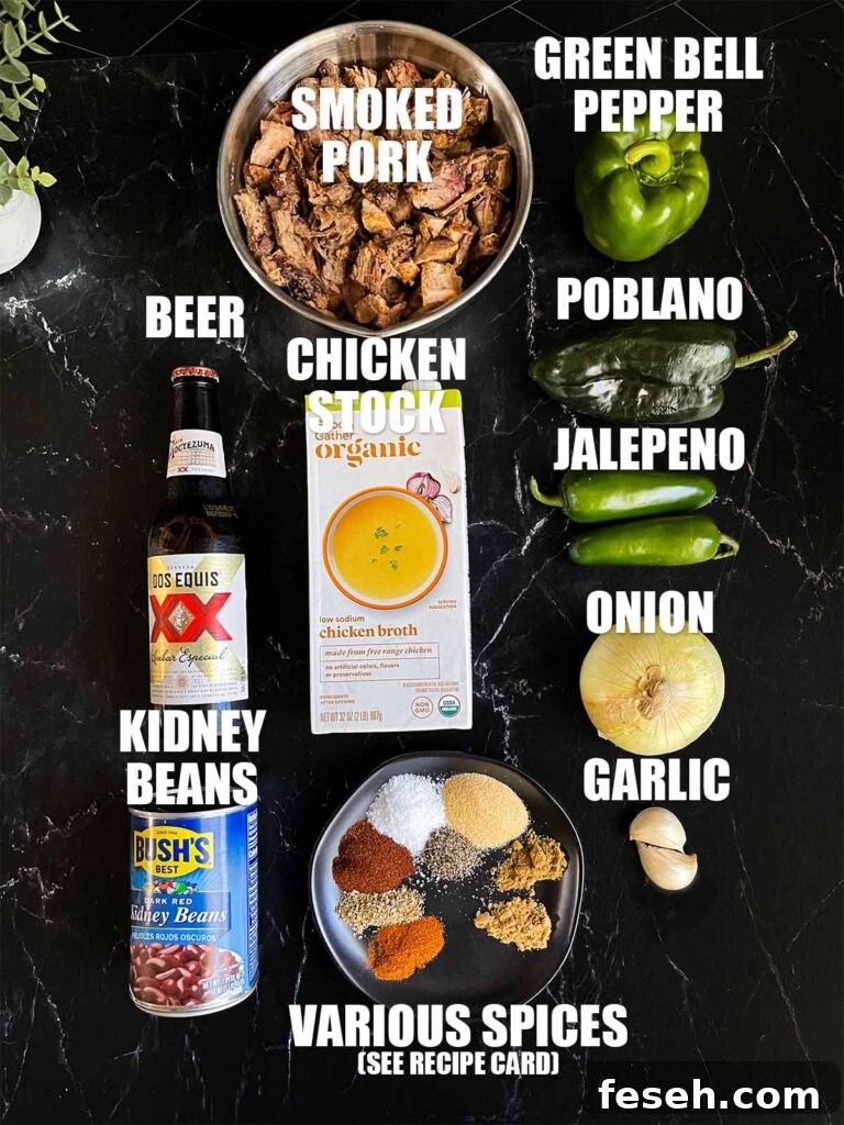 Ingredients needed to make smoked pork chili.