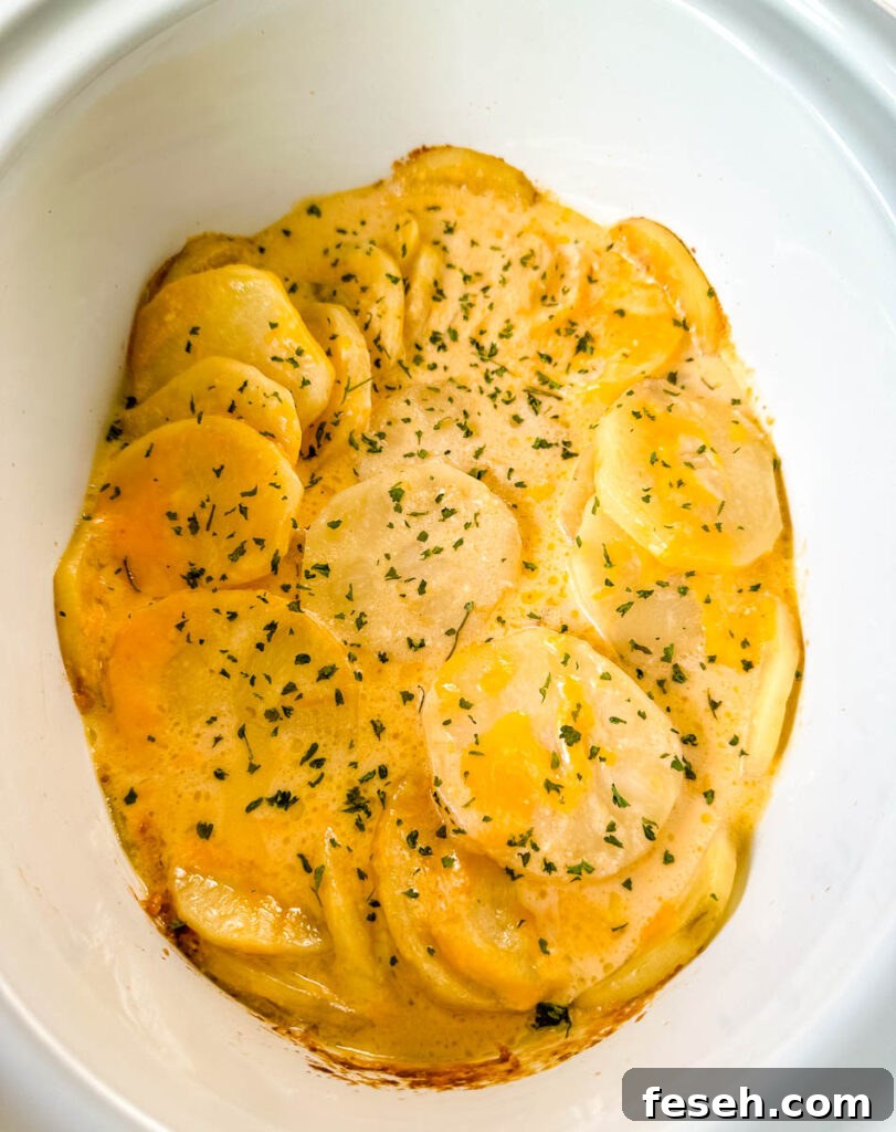 slow cooker cheesy potatoes in a white Crockpot with chives