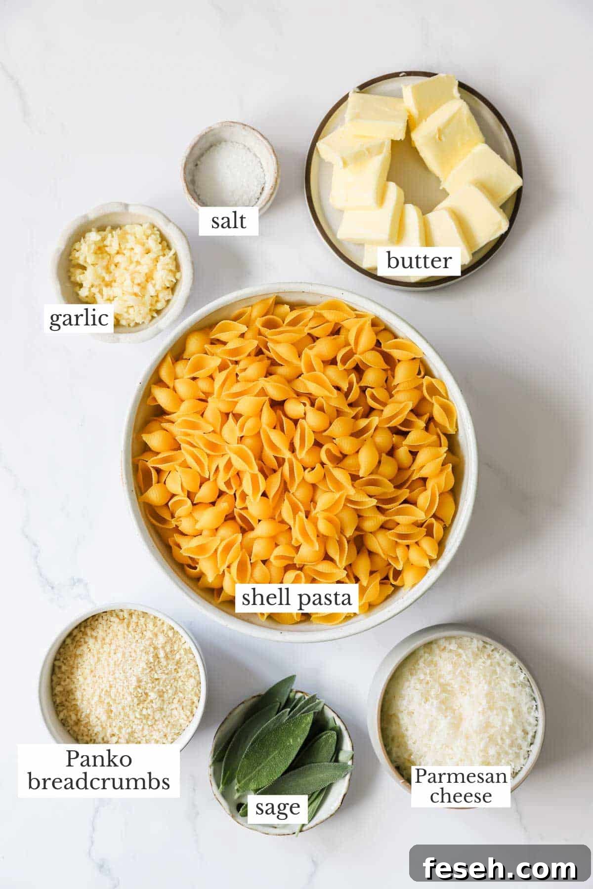Ingredients needed to make brown butter pasta with breadcrumbs and sage.