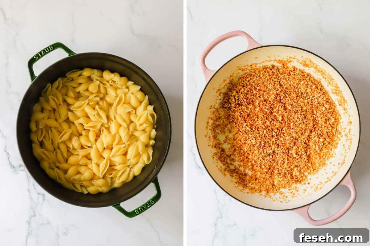 Two images showing cooked pasta shells and toasted breadcrumbs.