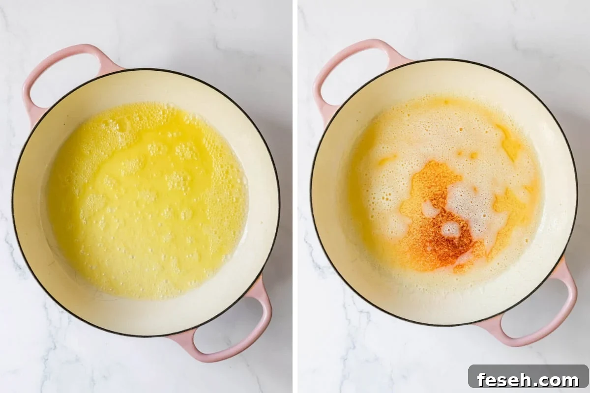 Two images showing the process of creating brown butter.