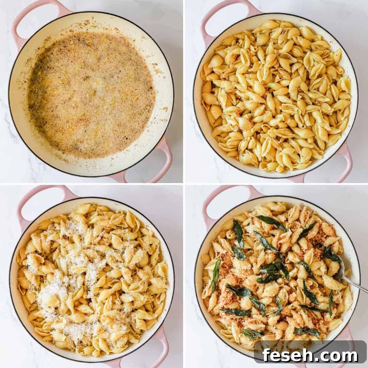 Four images showing the process of creating brown butter pasta with breadcrumbs, parmesan, and sage.