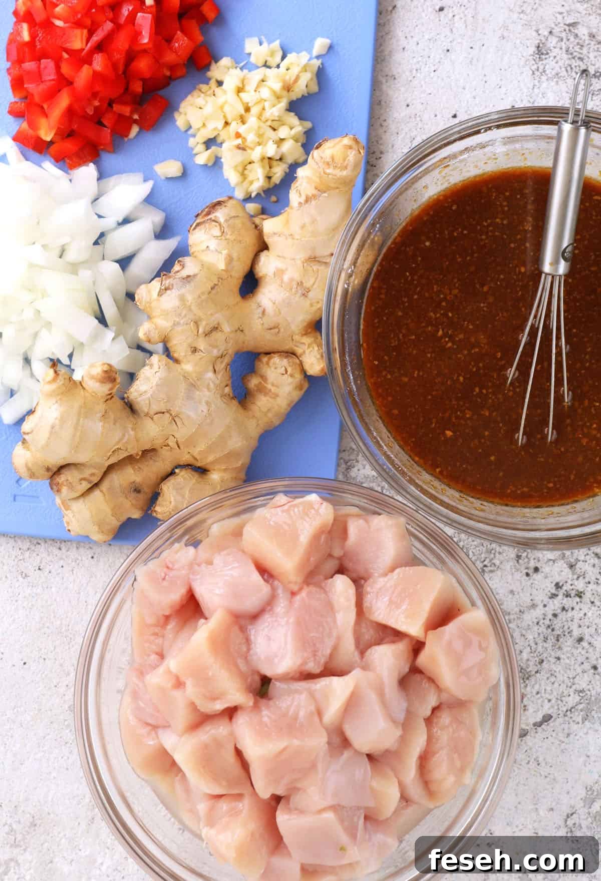 Overhead view of Mongolian chicken ingredients