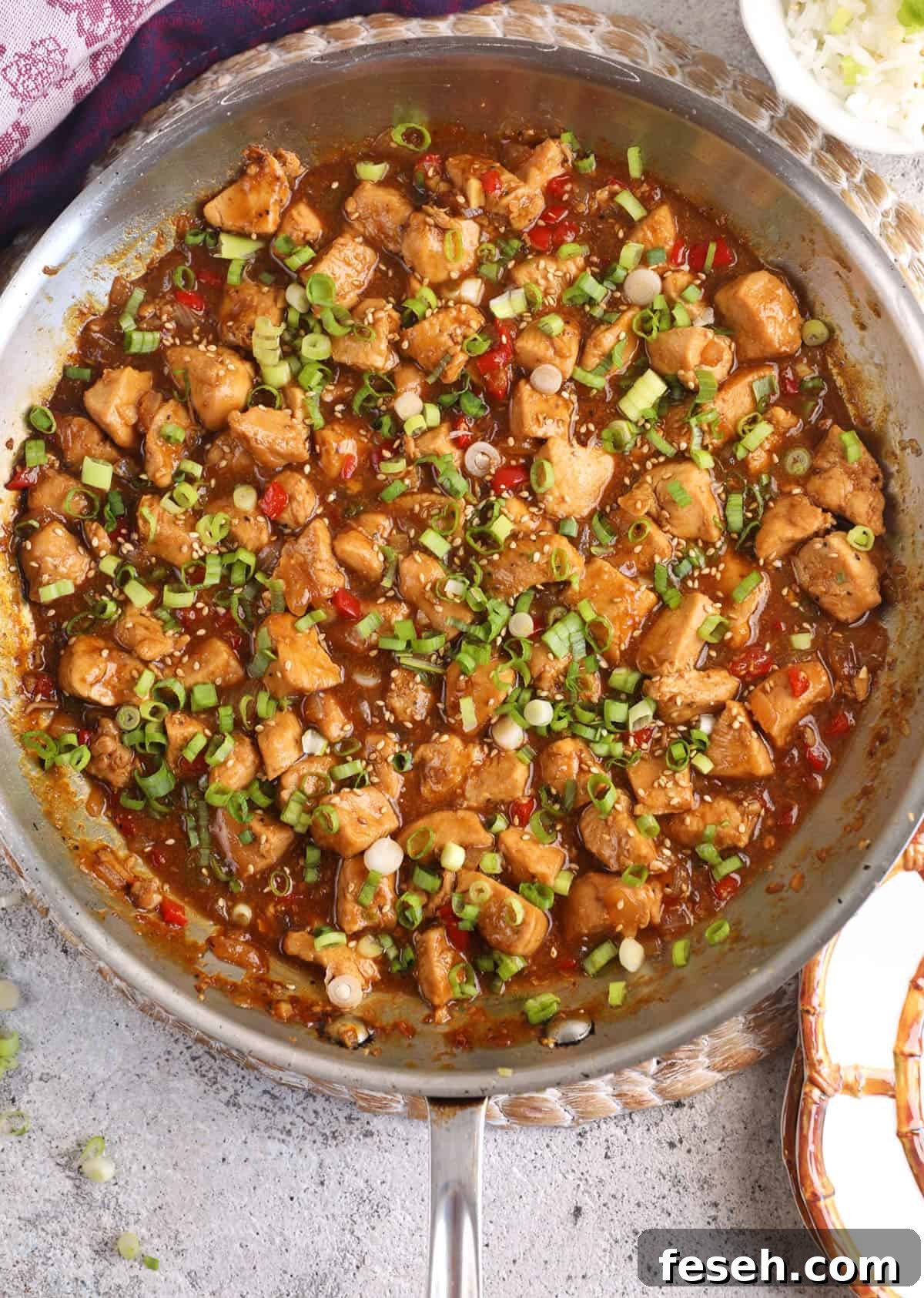 Overhead view of Mongolian Chicken in skillet