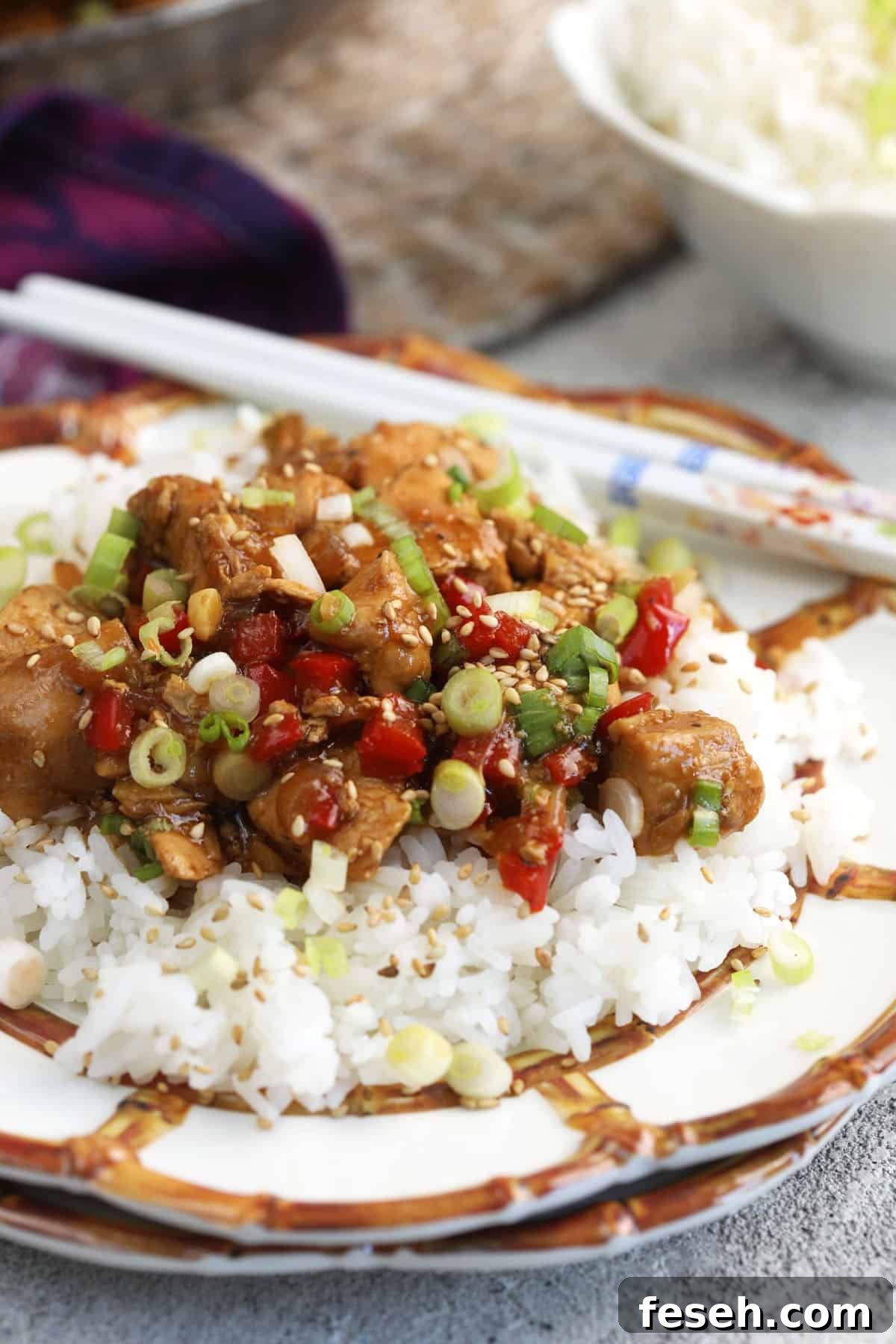 Mongolian chicken on plate with white rice