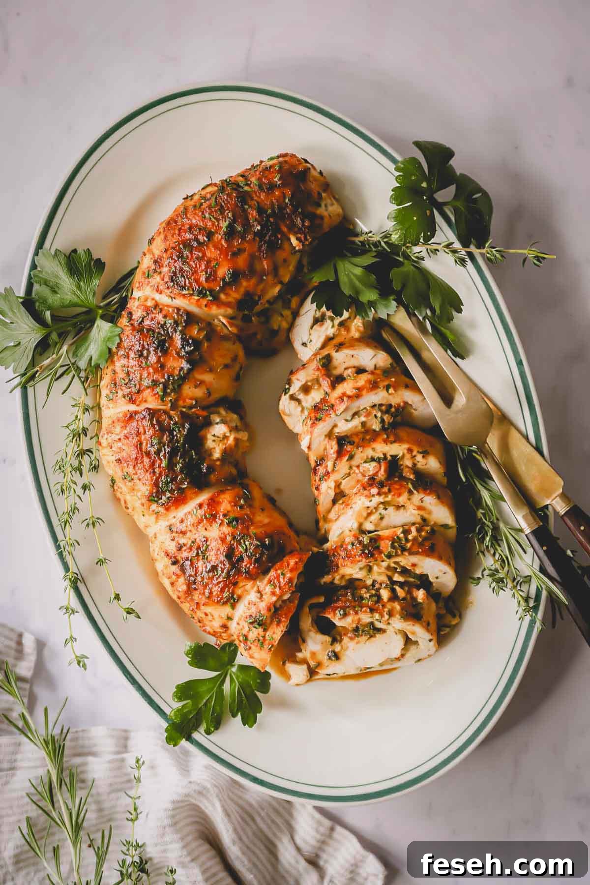 Overhead image of a sliced stuffed turkey on a serving platter.